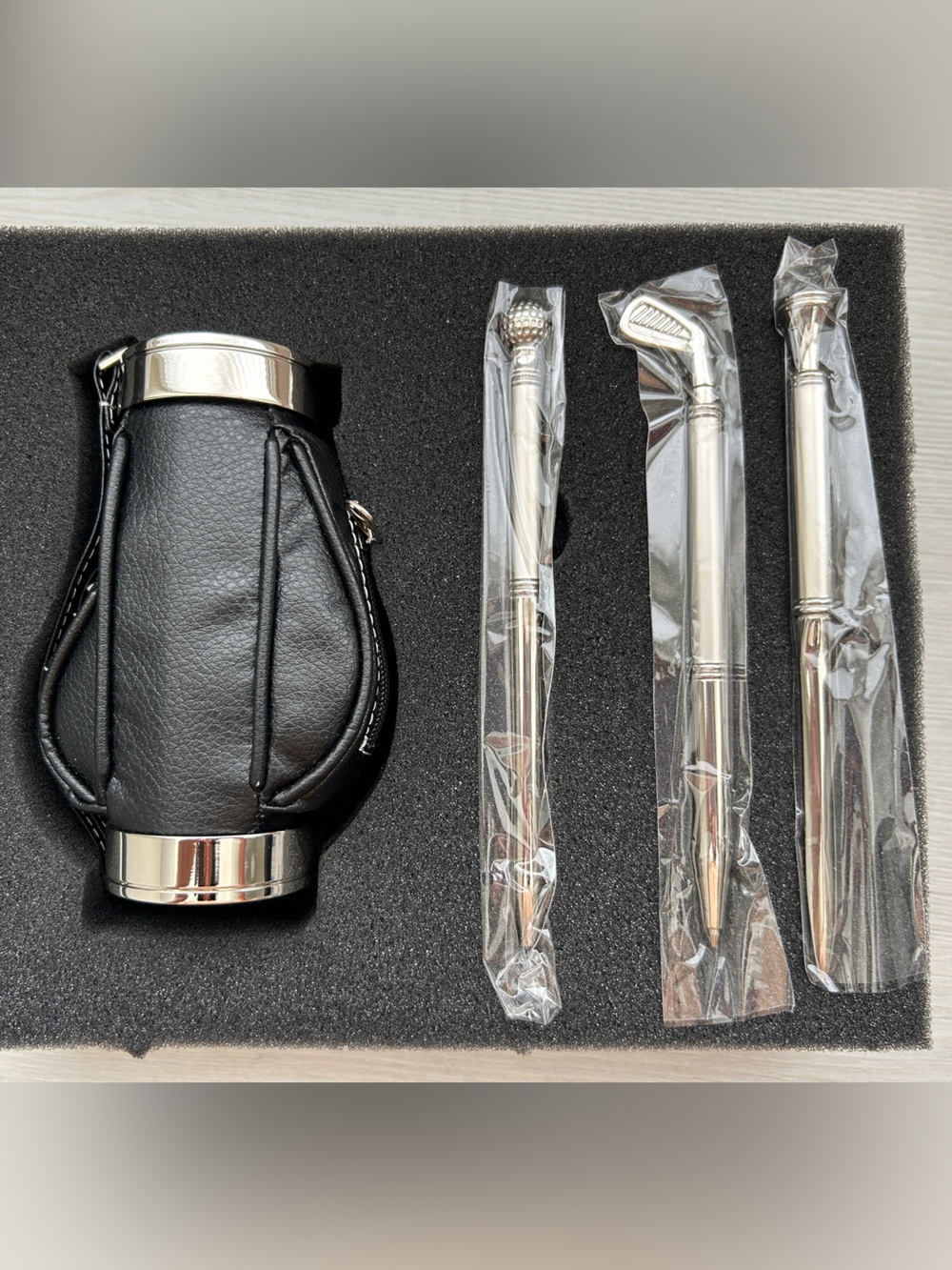 NIB Things Remembered Golf Desk Set: Bag (holds items), Pen, Pencil, Letter Opnr